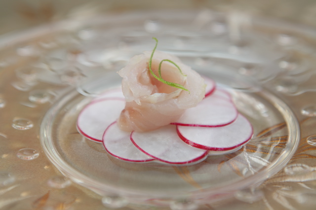Thinly sliced white fish over shaved radish on a glass plate